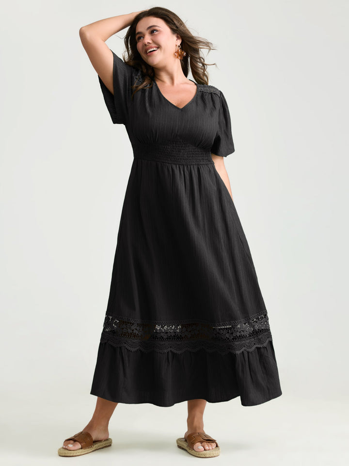 Lace Cut-Out Shirred Solid Maxi Dress