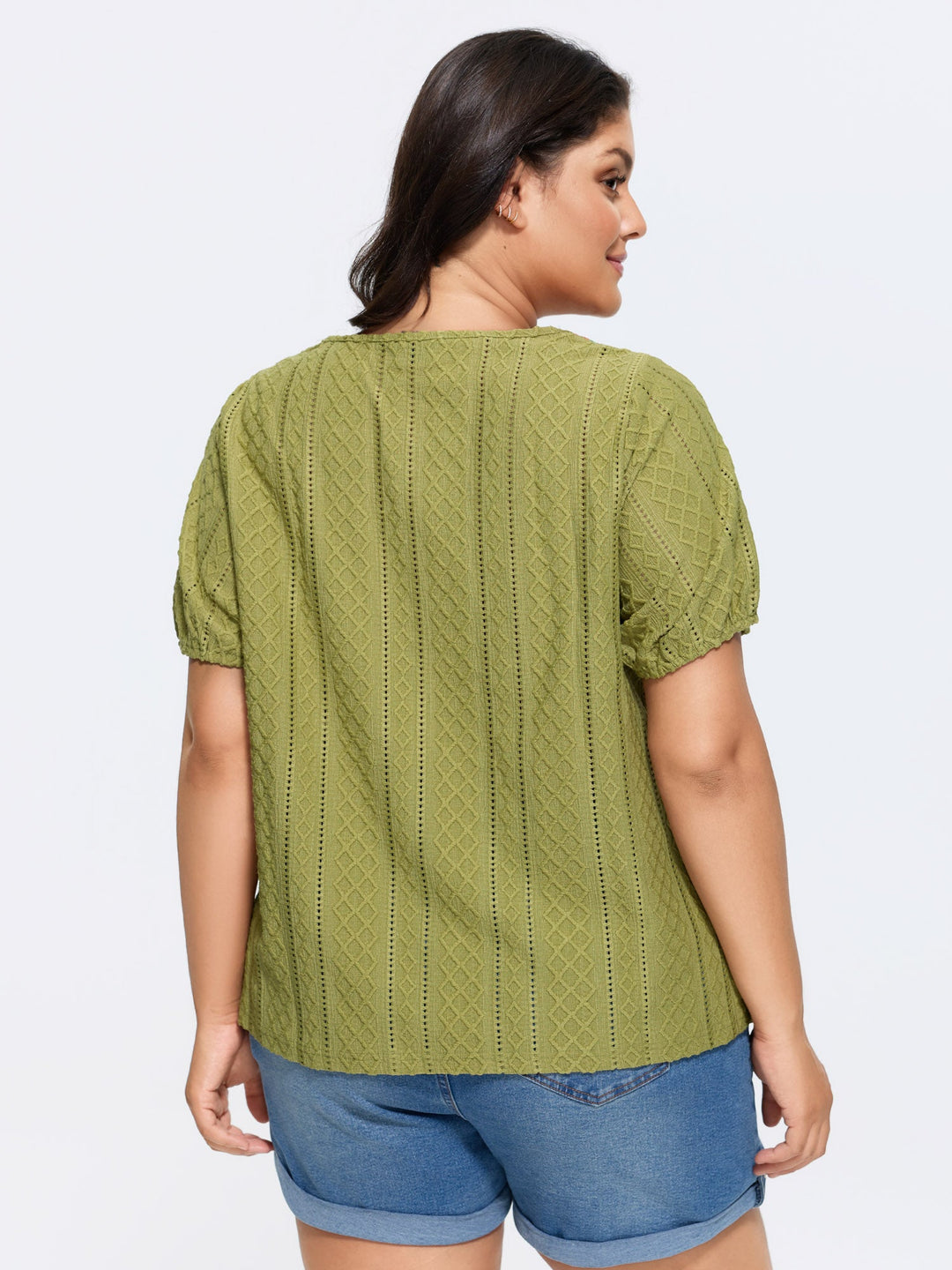 Eyelet Trim Floral Embroidered Solid T-Shirt