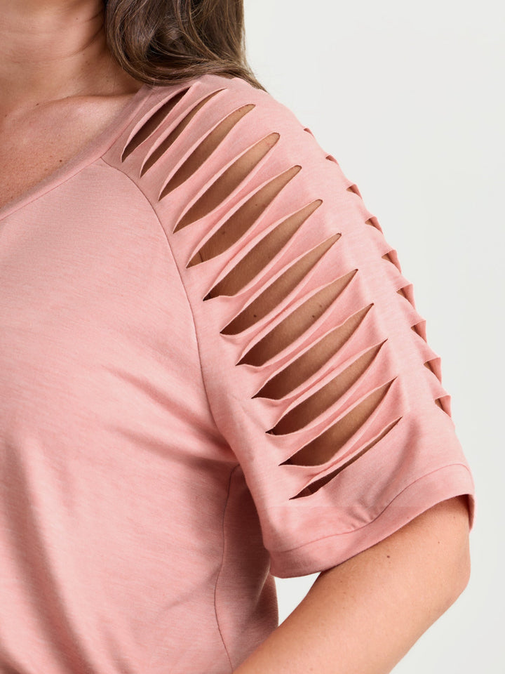 Cut-Out Sleeve V Neck T-Shirt