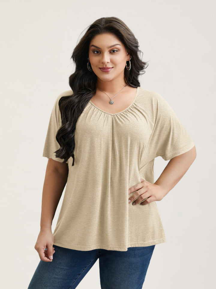 Pleated Plain Half-Sleeve Knit Top