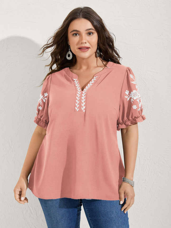 Notched Collar Embroidered Ruffled Blouse