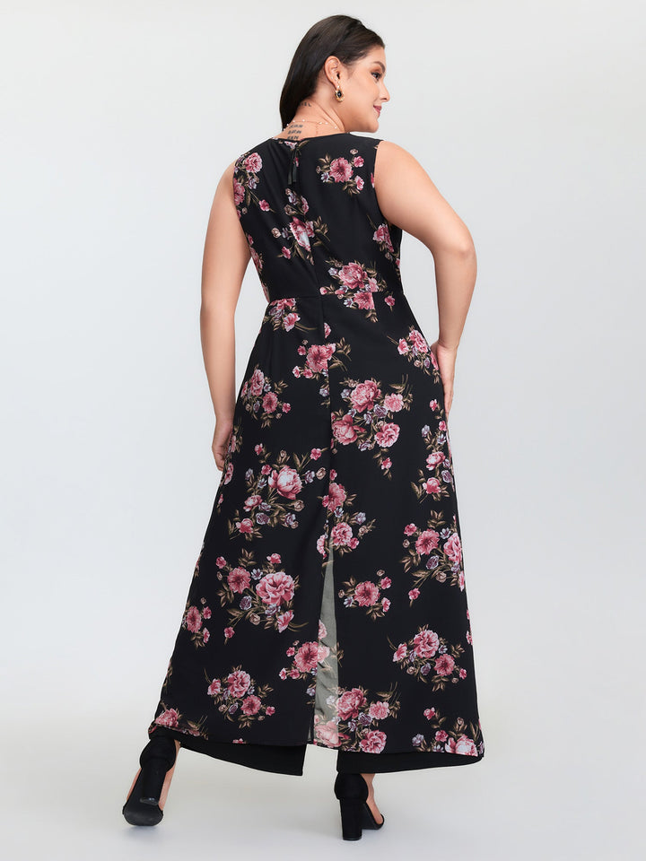 Floral Print Layered Contrast Jumpsuit