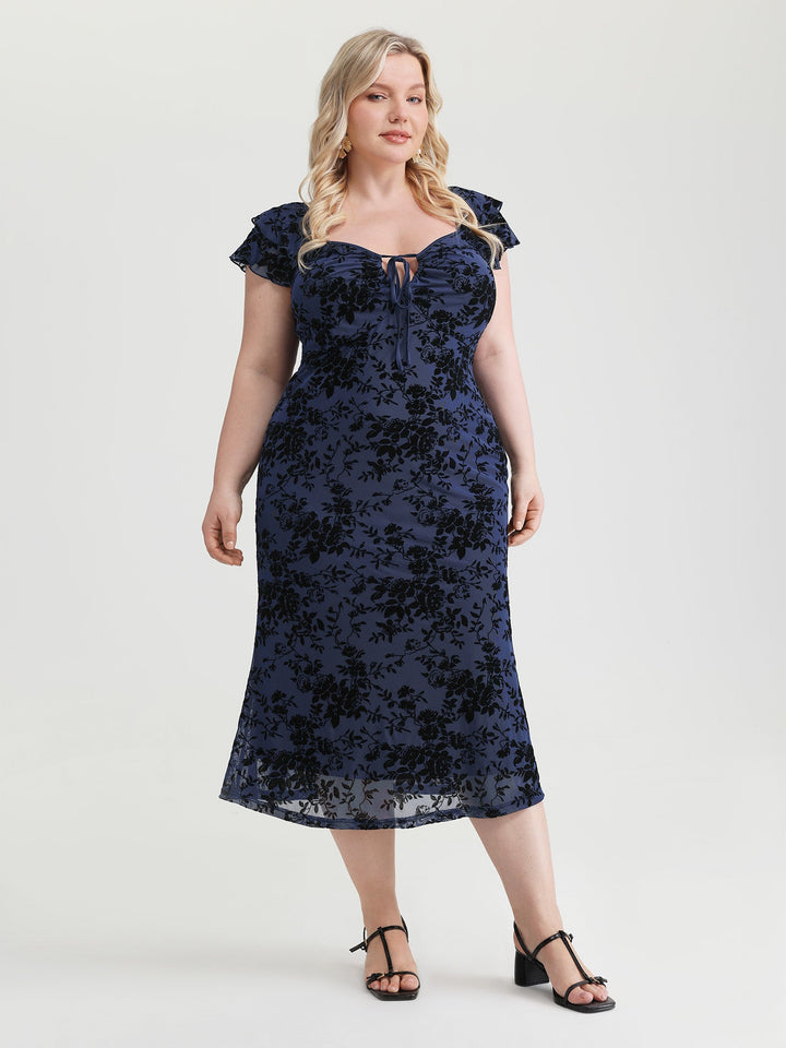 Floral Flocked Mesh Ruched Drawstring Midi Dress