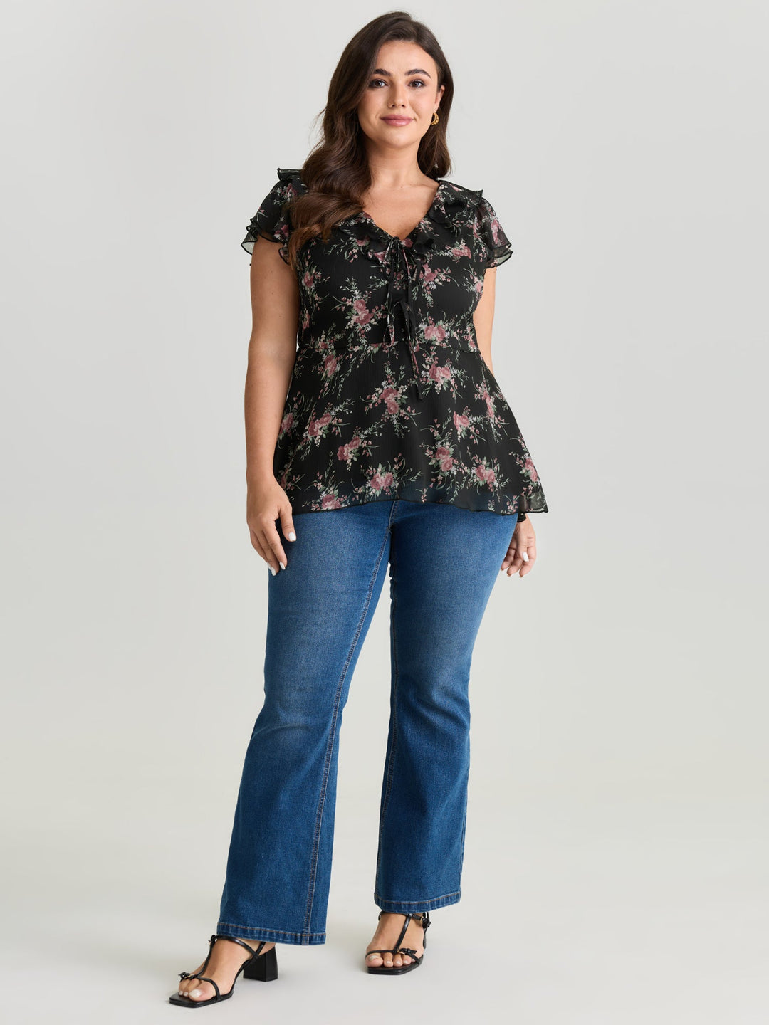 Romantic Floral Print Layered Ruffled Sleeve Blouse
