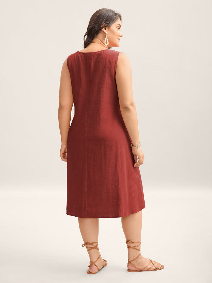 Cotton Toothpick Pleat Plain Midi Dress