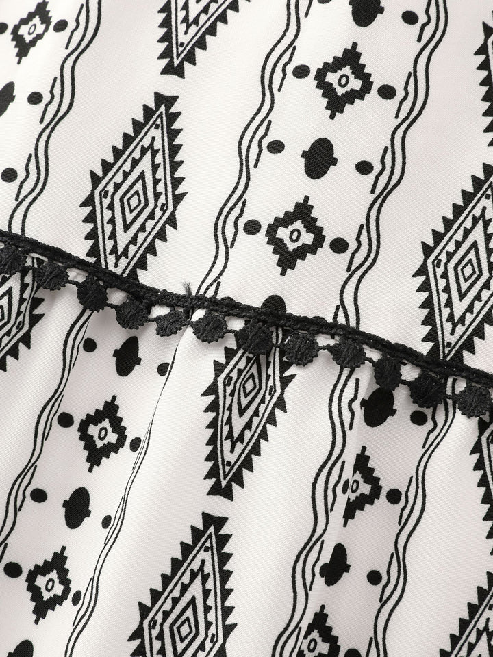 Geometric Print Lace Trim Tiered Maxi Dress