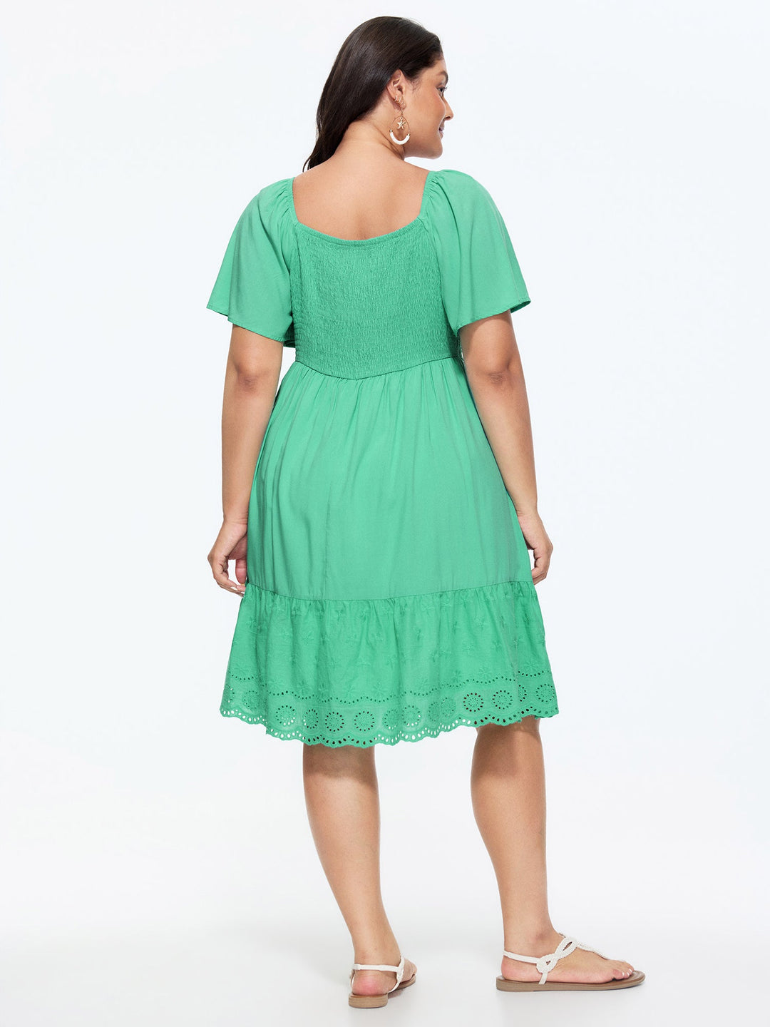 Shirred Bodice Flared Sleeve Lace Hem Mini Dress