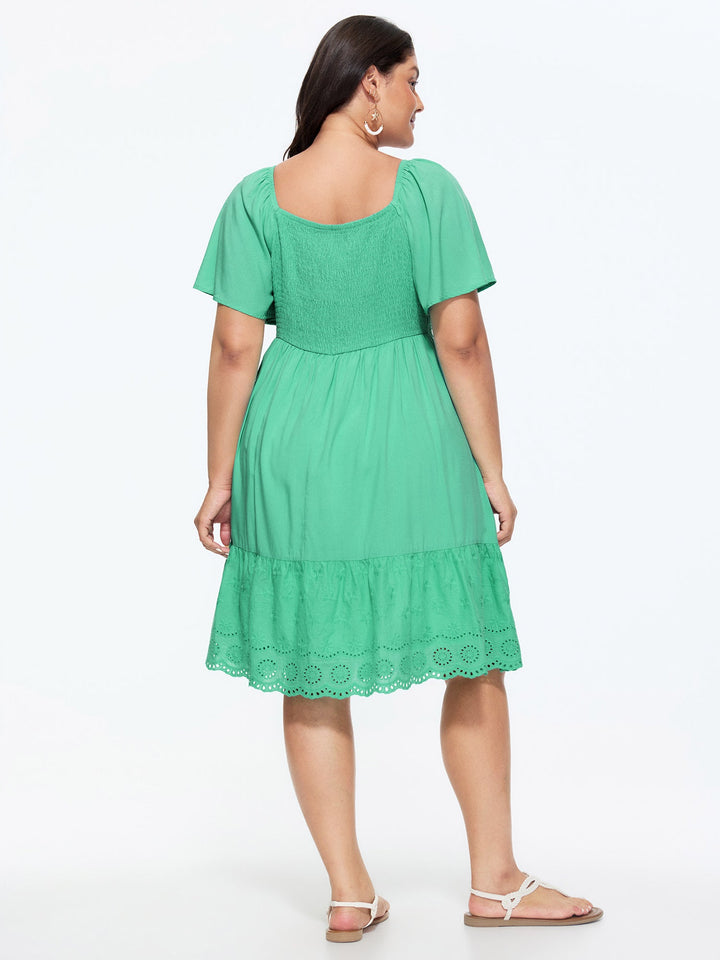 Shirred Bodice Flared Sleeve Lace Hem Mini Dress