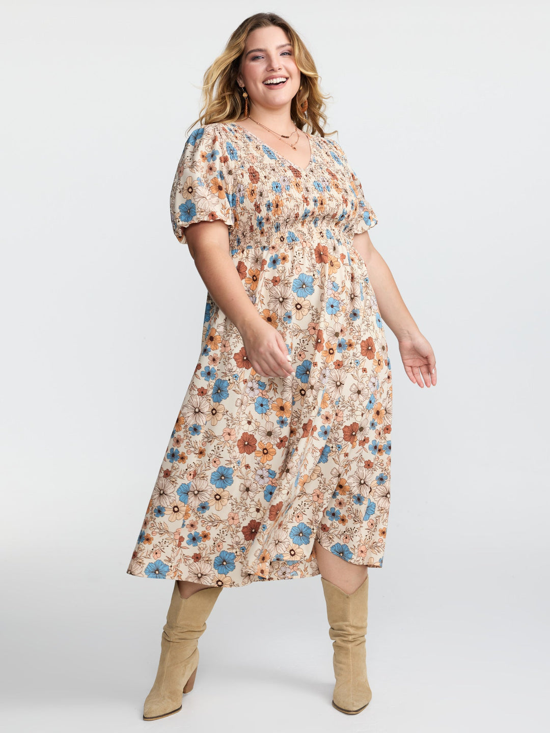 Fall Florals Shirred Bodice Midi Dress