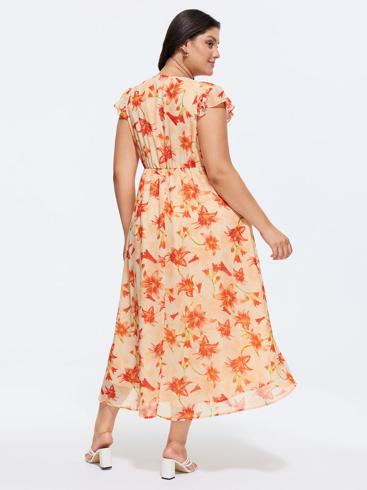 Floral Print Wrap-Tie Front High Low Hem Midi Dress