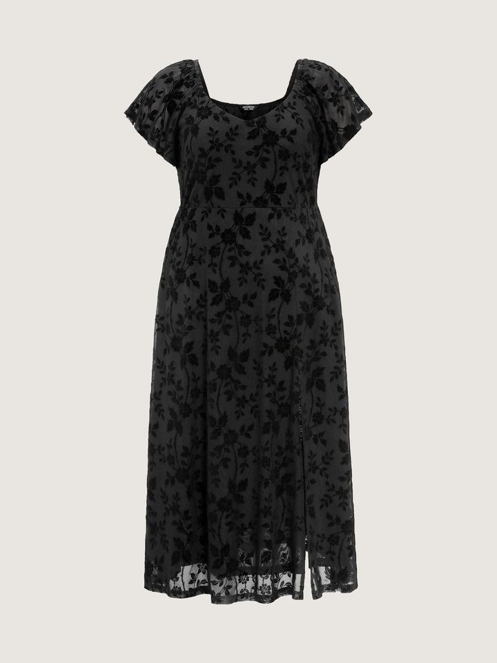 Floral Textured Jacquard Slit Hem Maxi Dress