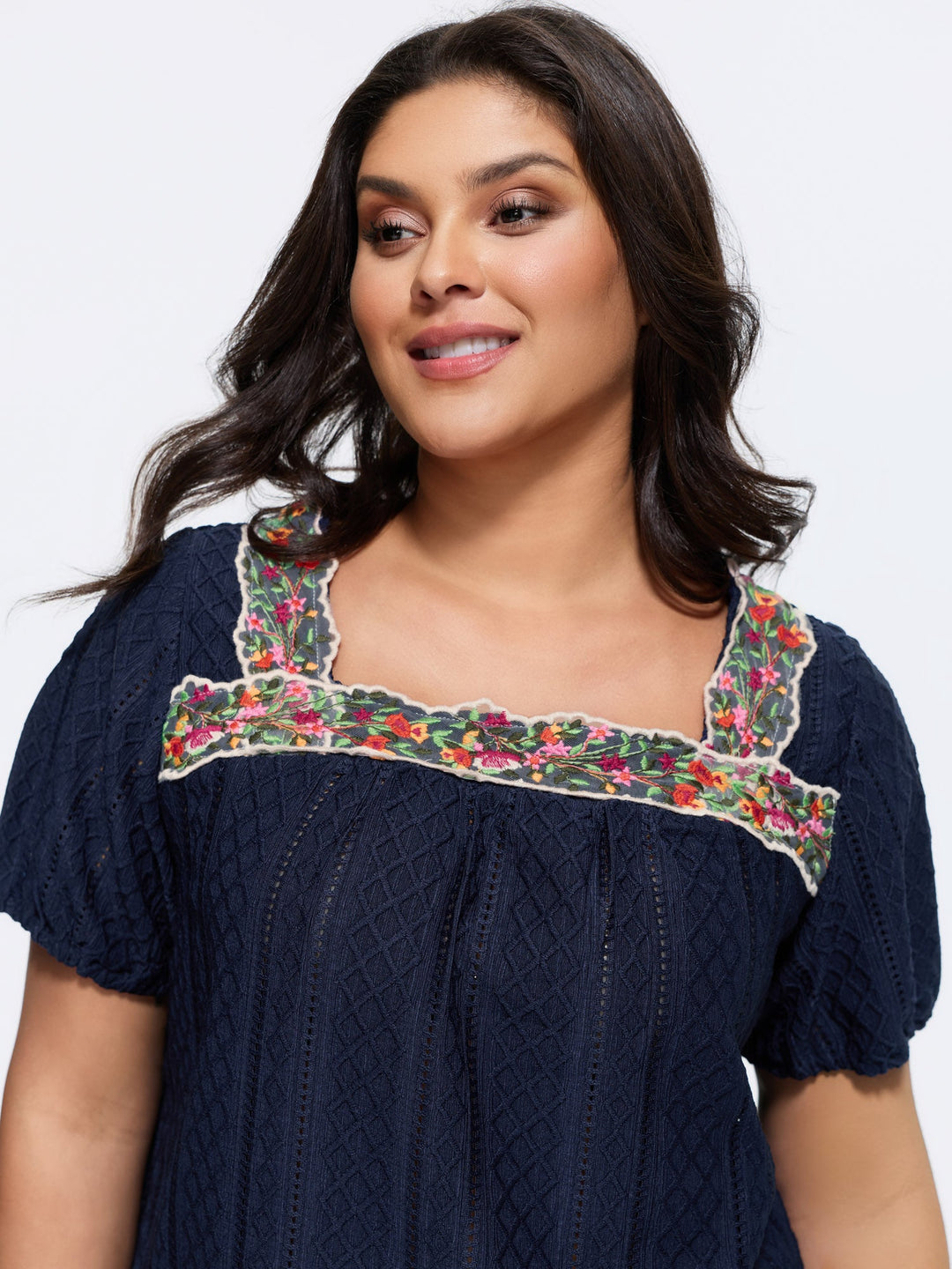 Eyelet Trim Floral Embroidered Solid T-Shirt