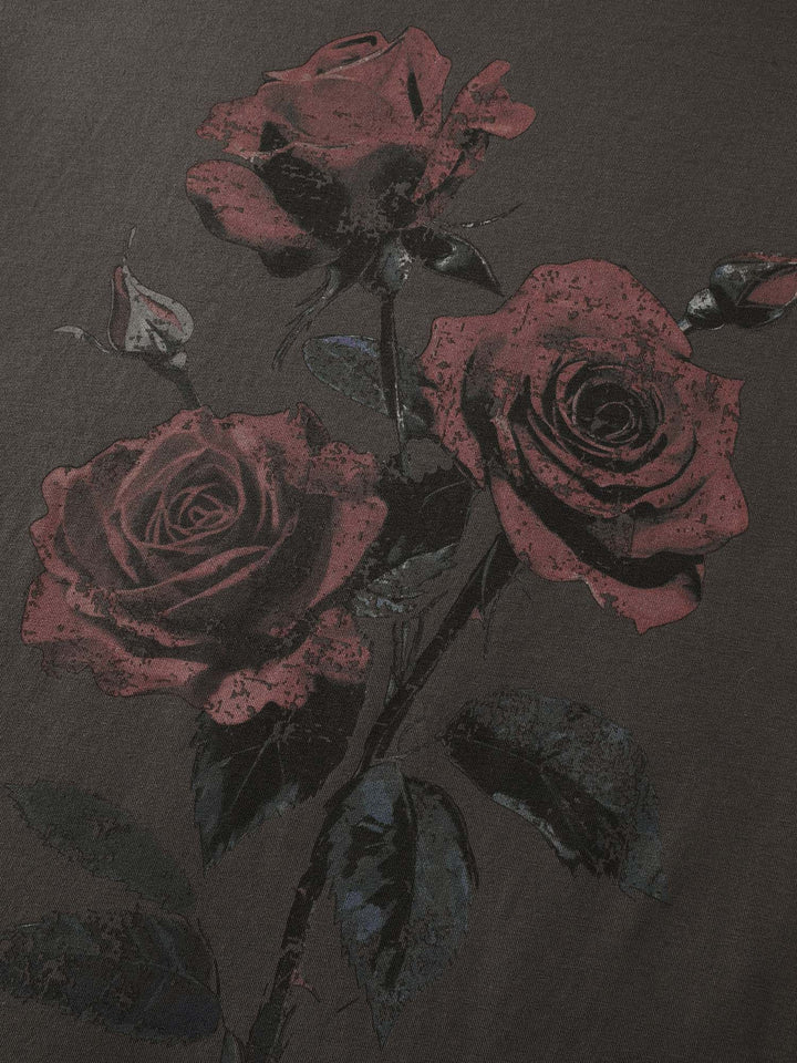 Rose Print Distressed Wash T-Shirt