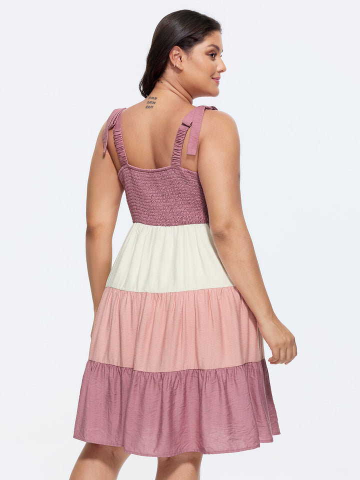 Colorblock Shirred Bodice Tiered Mini Dress