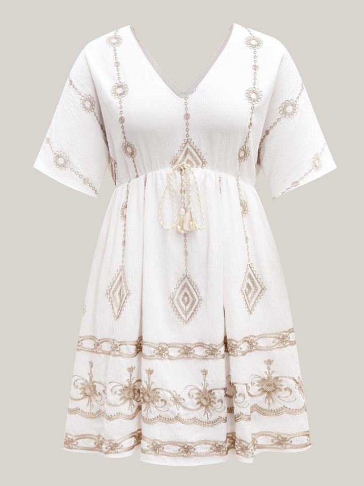 Boho Embroidered Waist Tie Mini Dress