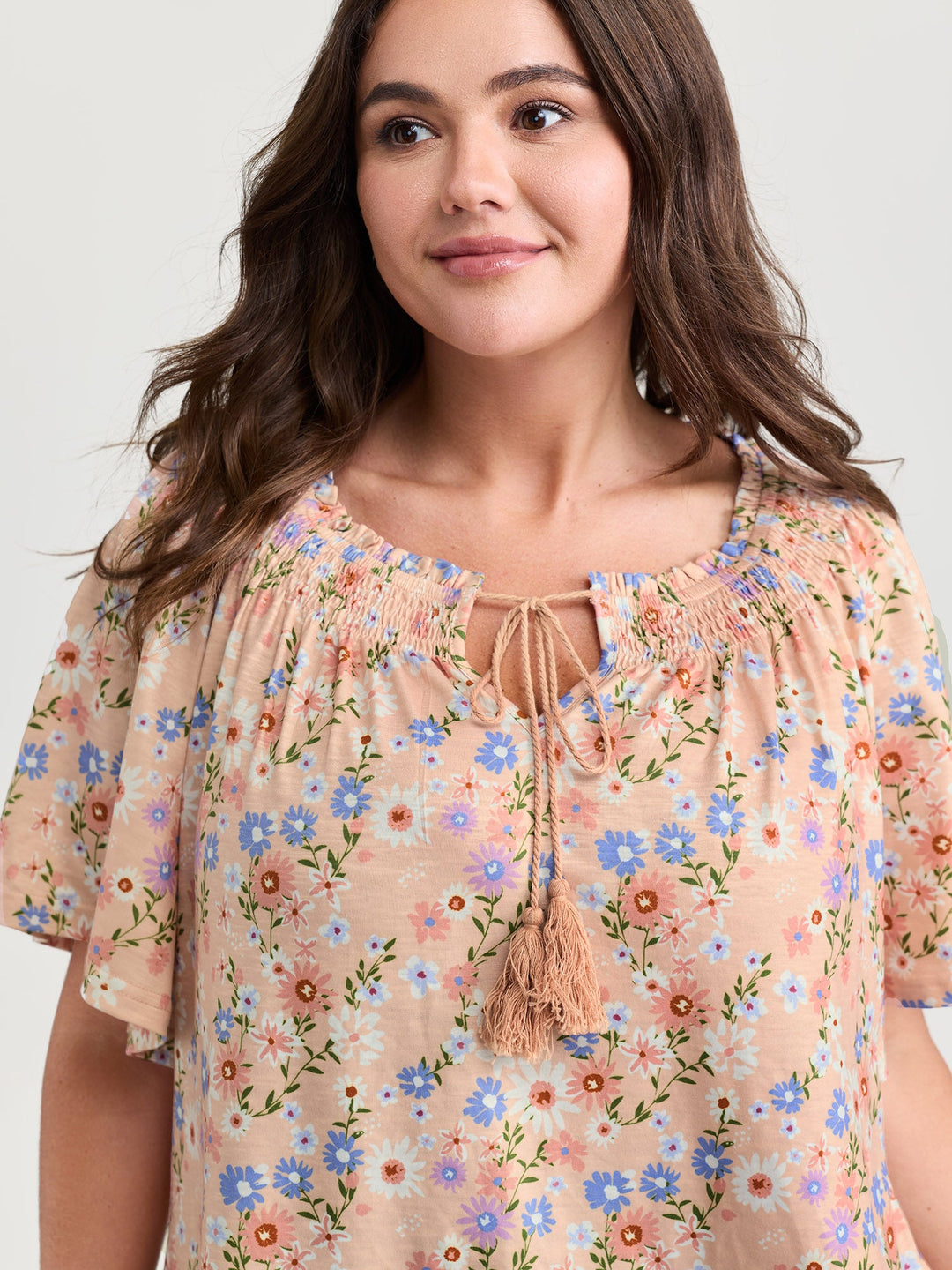 Sweet Floral Print Shirred Drawstring Neckline Top