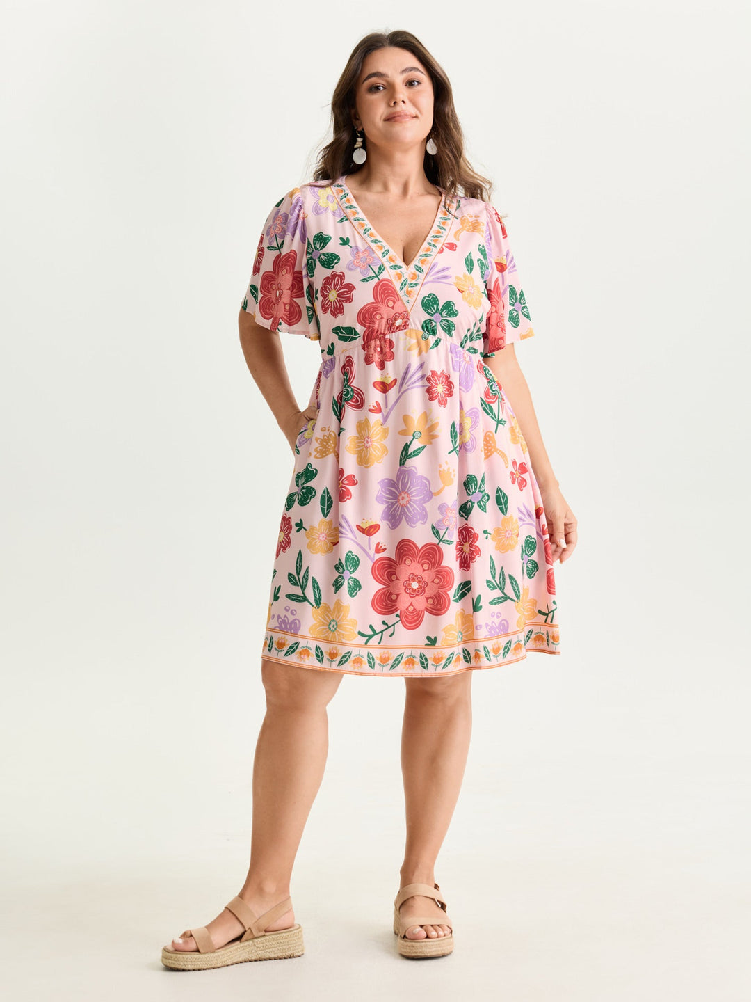 Colorful Floral Print V-Neck Mini Dress