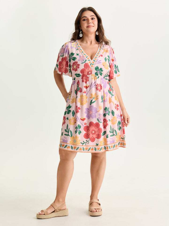 Colorful Floral Print V-Neck Mini Dress