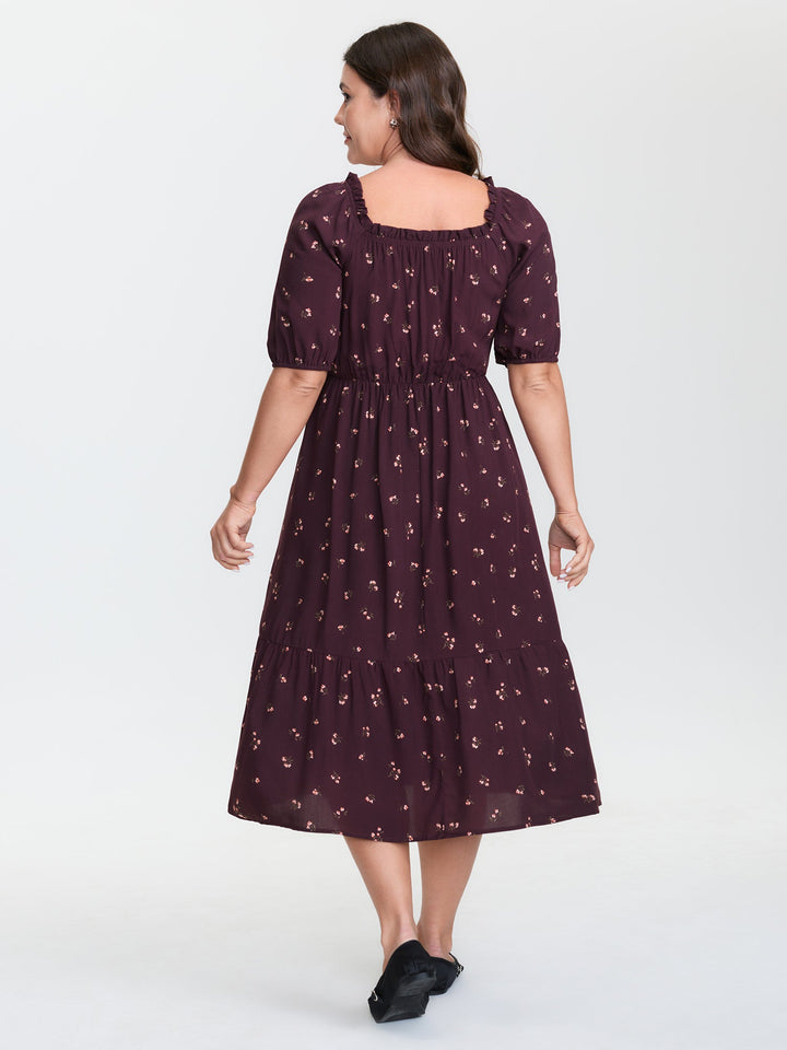 Micro Floral Shirred Bodice Midi Dress