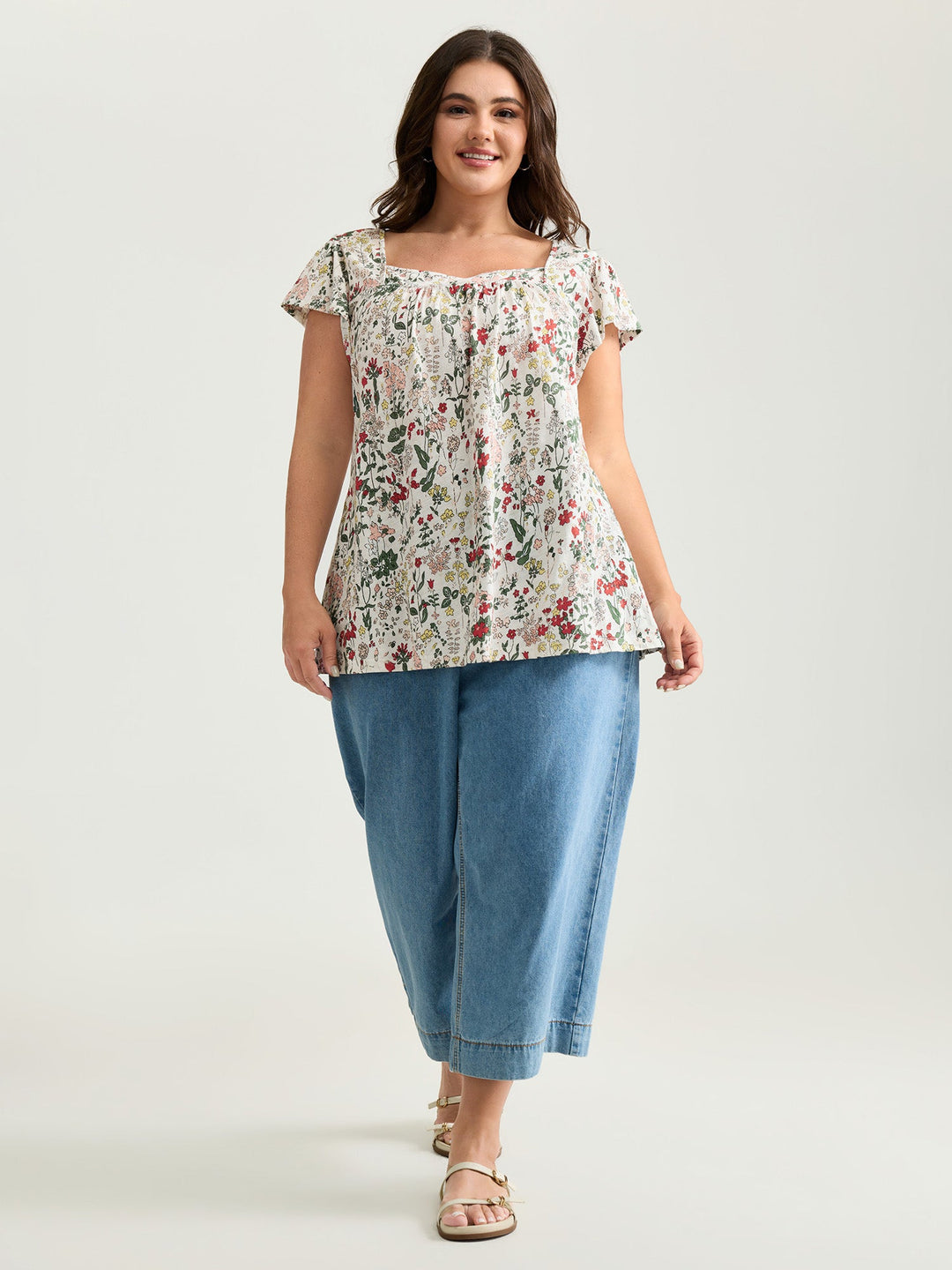 Pure Cotton Floral Print Square Neck Top