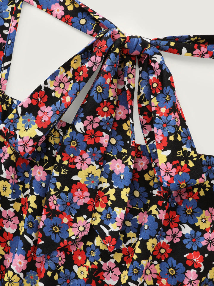 Floral Print Shirred Wide Straps Blouse