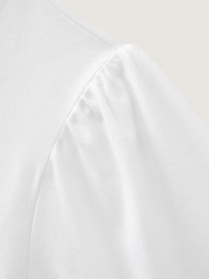 Cotton Toothpick Pleated Plain Flared Sleeve T-Shirt