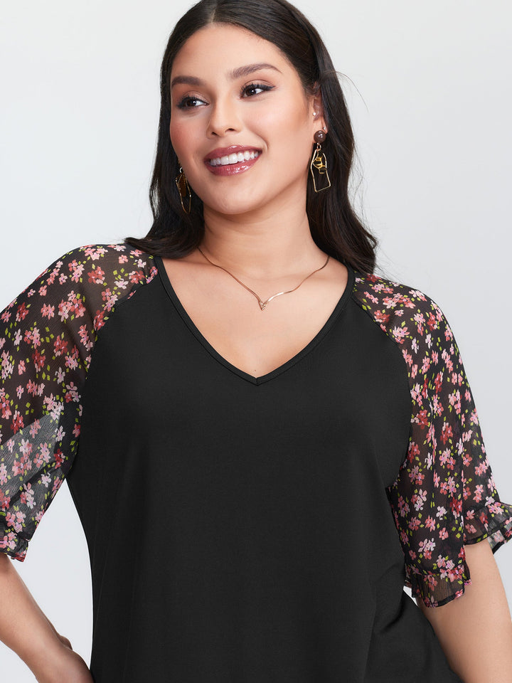 Sheer Floral Print Ruffled Cuff Sleeve Top