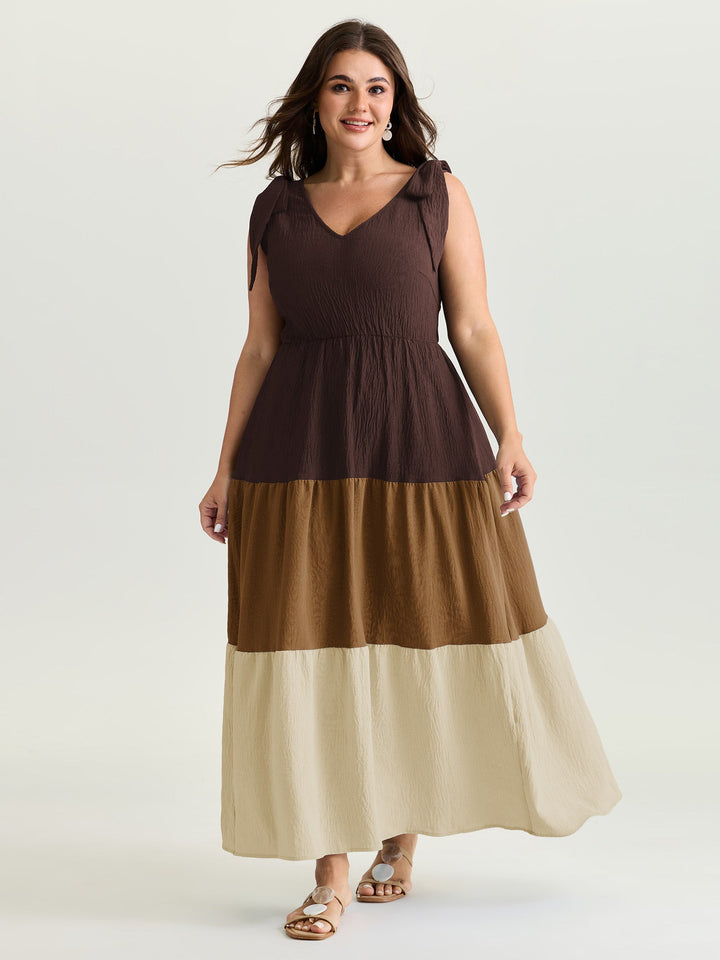 Colorblock Shoulder-Tie Tiered Maxi Dress