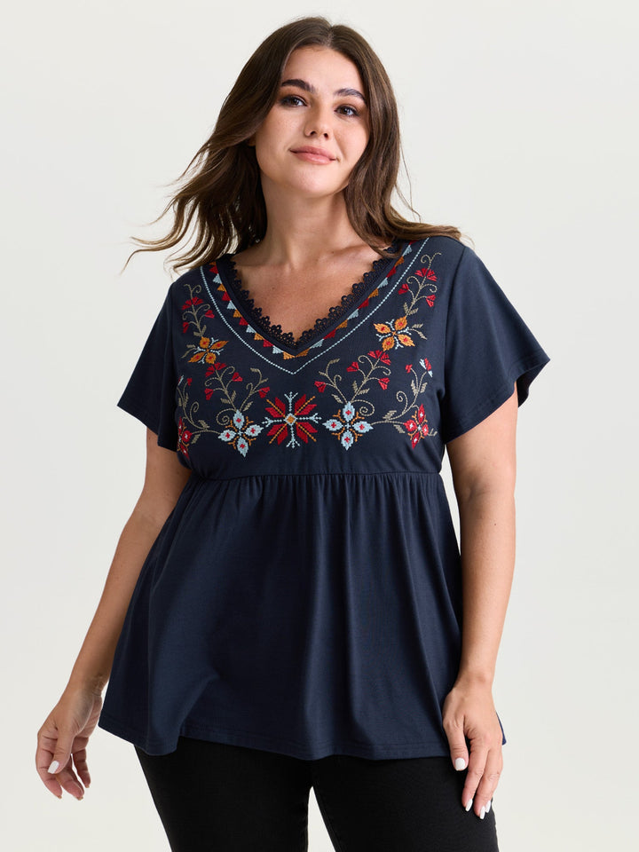 Color Floral Embroidery Lace Knit Top
