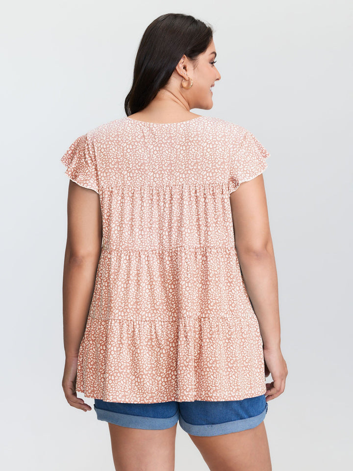 Leopard Print Tiered Flutter Sleeve Knit Top