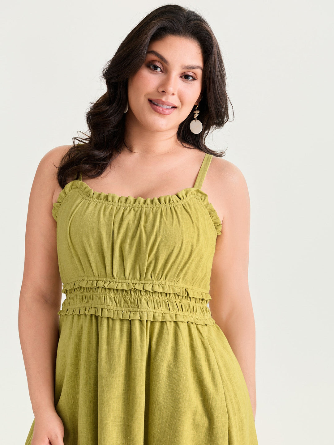 Cotton Linen Ruffle Trim Shirred Waist Cami Maxi Dress