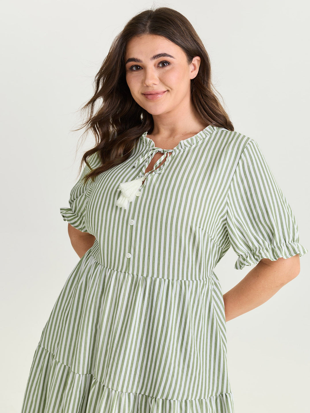 Striped Print Drawstring Tiered Maxi Dress