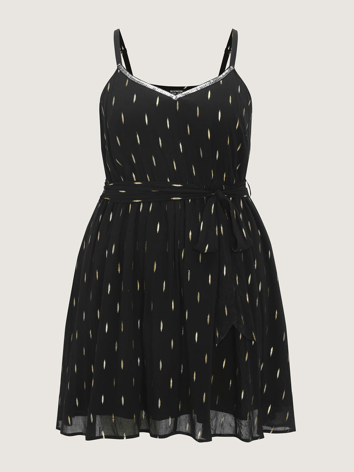 Sequin Neckline Textured Waist-Tie Mini Dress