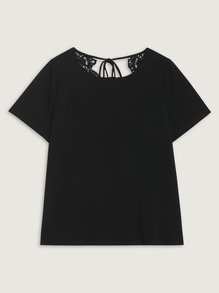 Open Back Lace Detail Boat Neck T-Shirt