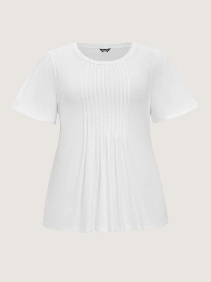 Cotton Toothpick Pleated Plain Flared Sleeve T-Shirt