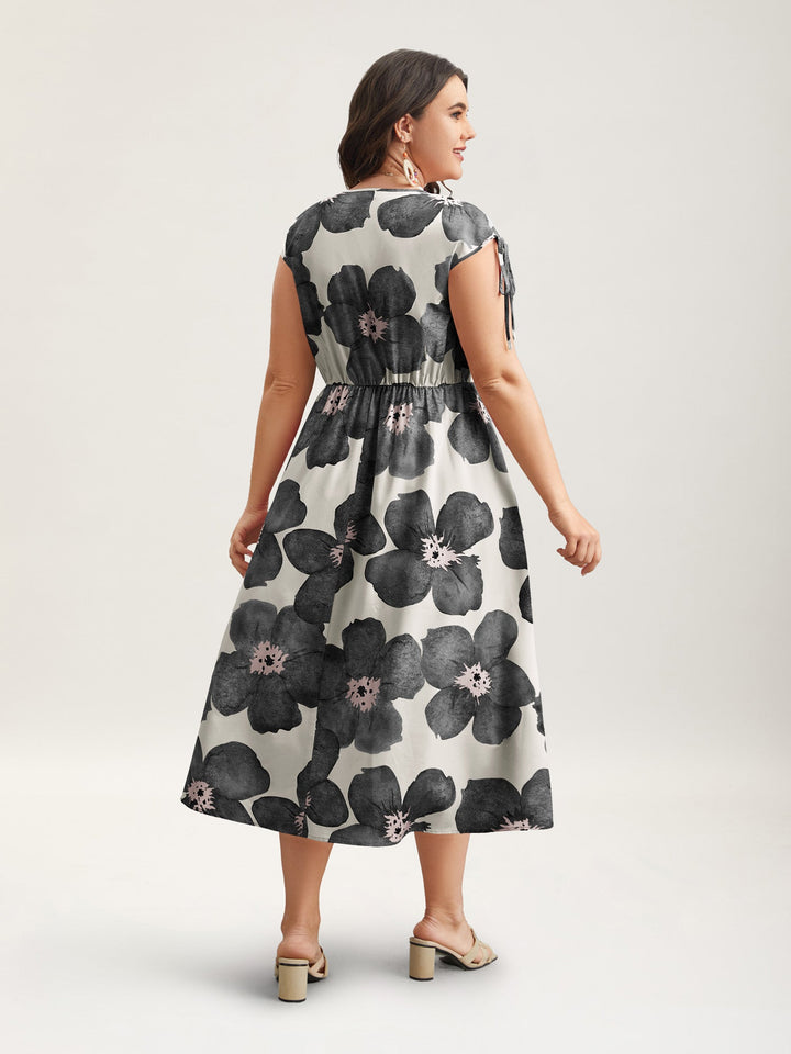 Floral Print V-Neck Tied Midi Dress