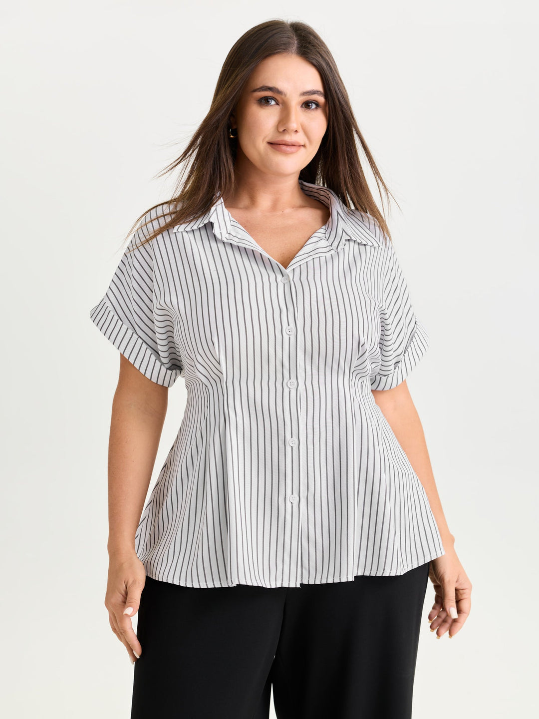 Striped Print Cinched-Waist Button-Down Shirt