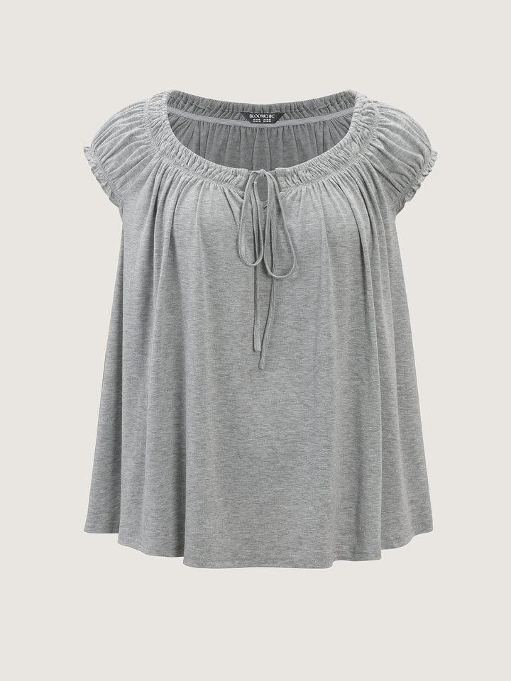 Supersoft Shirred Drawstring Neckline Flowy Top