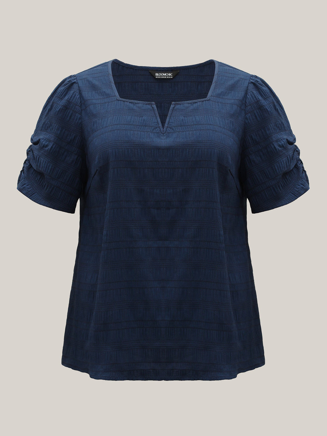 Textured Gathered Sleeve Split Neck Blouse