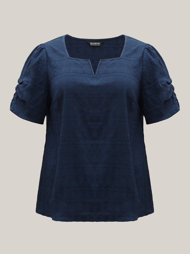 Textured Gathered Sleeve Split Neck Blouse