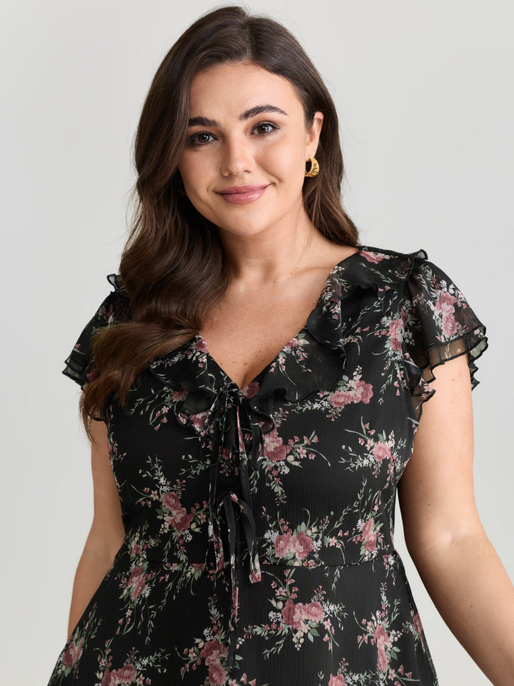 Romantic Floral Print Layered Ruffled Sleeve Blouse