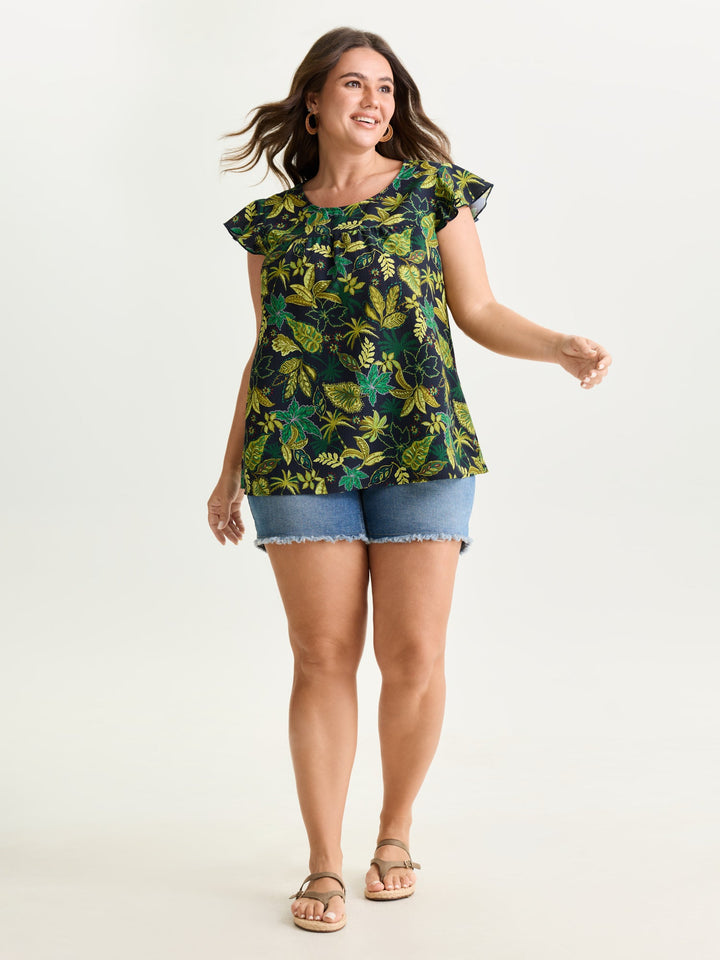 Bright Floral Texture Open-Back Blouse