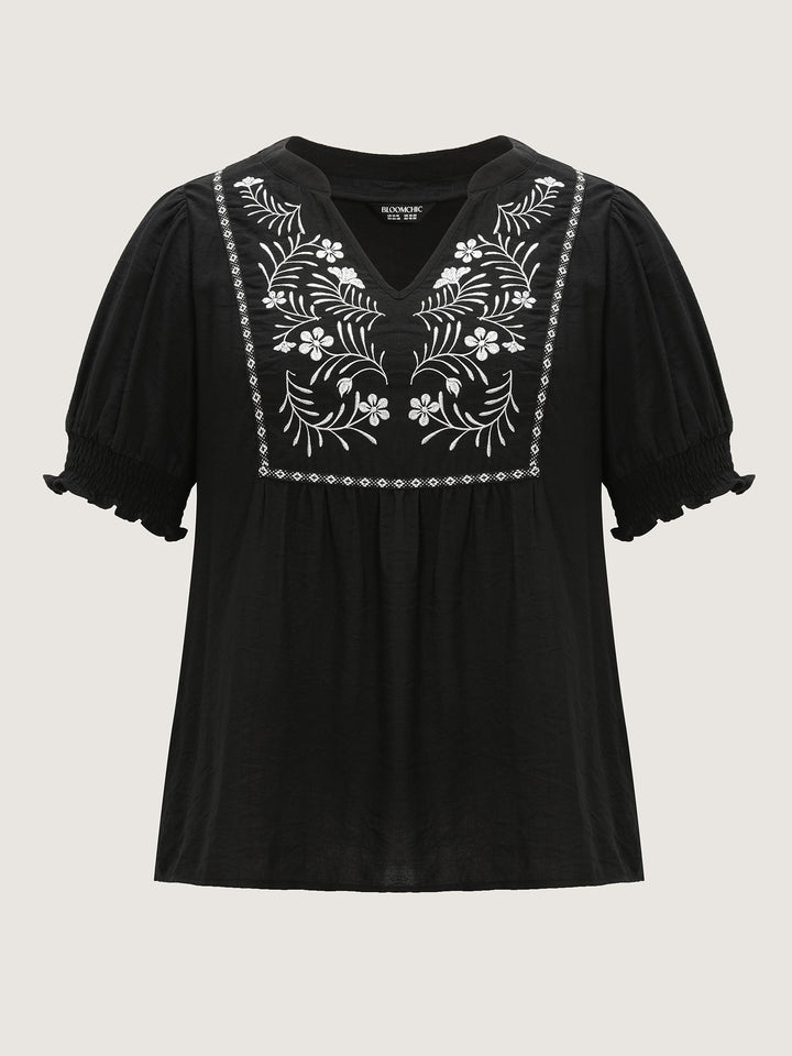 Supersoft Floral Embroidered Notched Collar Blouse