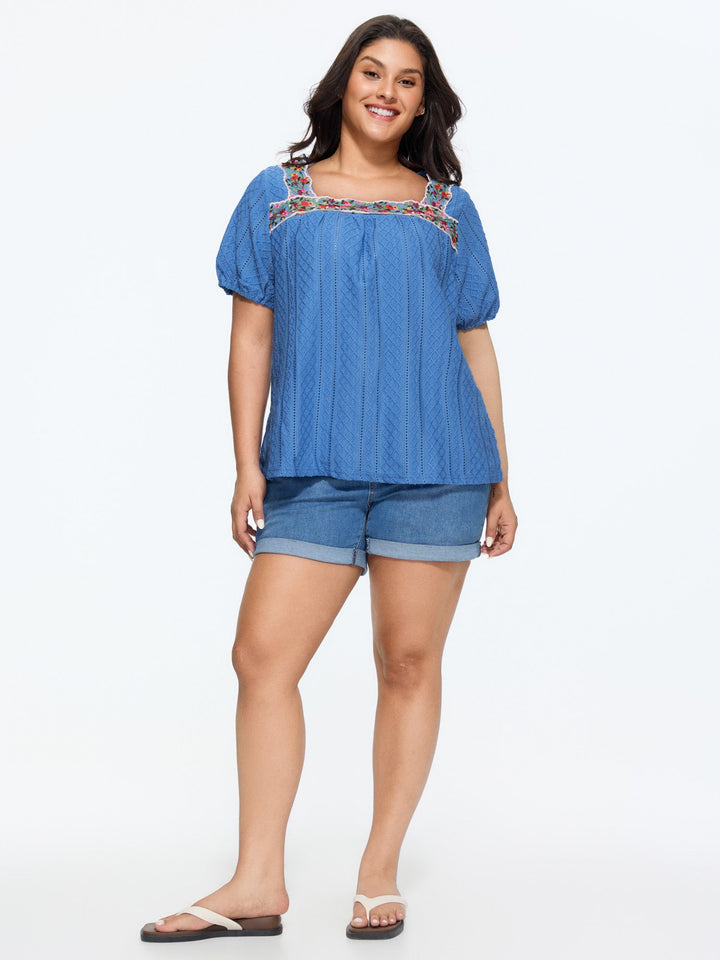 Eyelet Trim Floral Embroidered Solid T-Shirt
