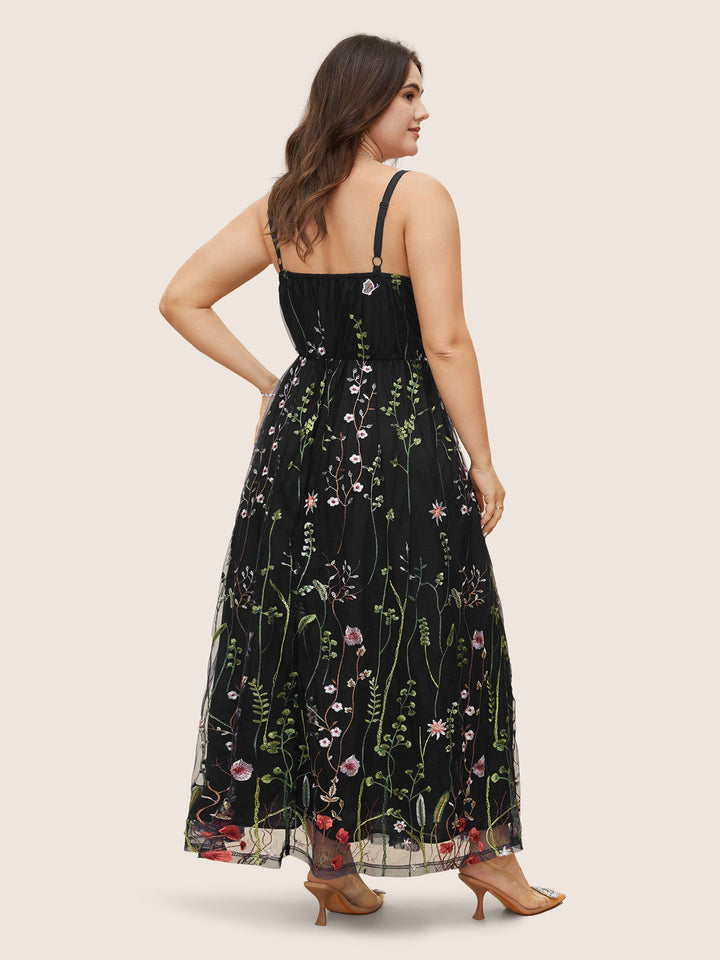 U Neck Floral Embroidered Mesh Cami Dress