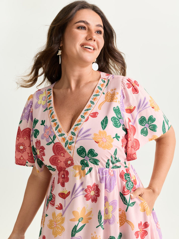 Colorful Floral Print V-Neck Mini Dress