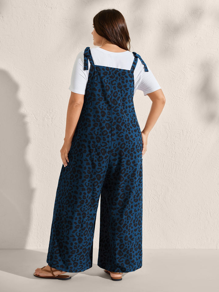Leopard Print Pockets Shoulder Ties Jumpsuit