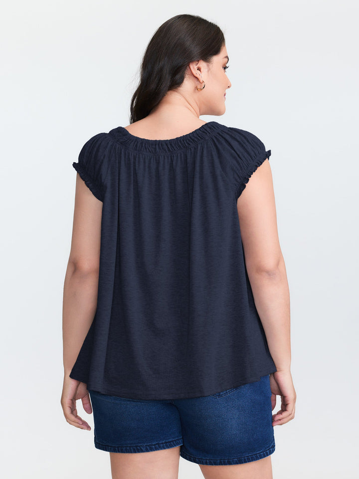 Supersoft Shirred Drawstring Neckline Flowy Top