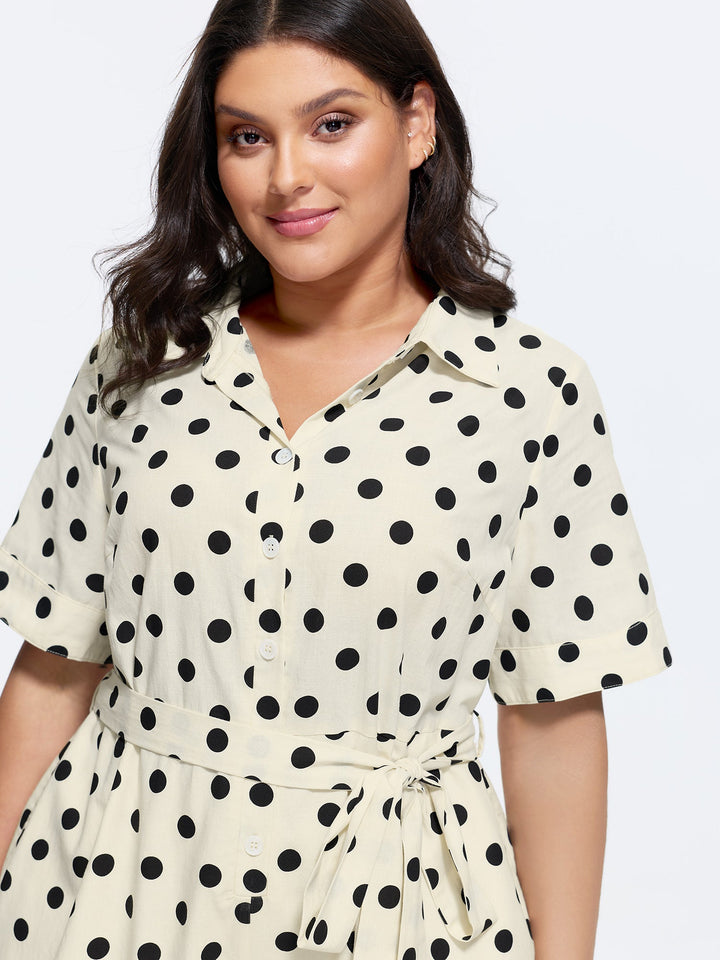 Cotton Linen Polka Dots Side Tie Collared Romper