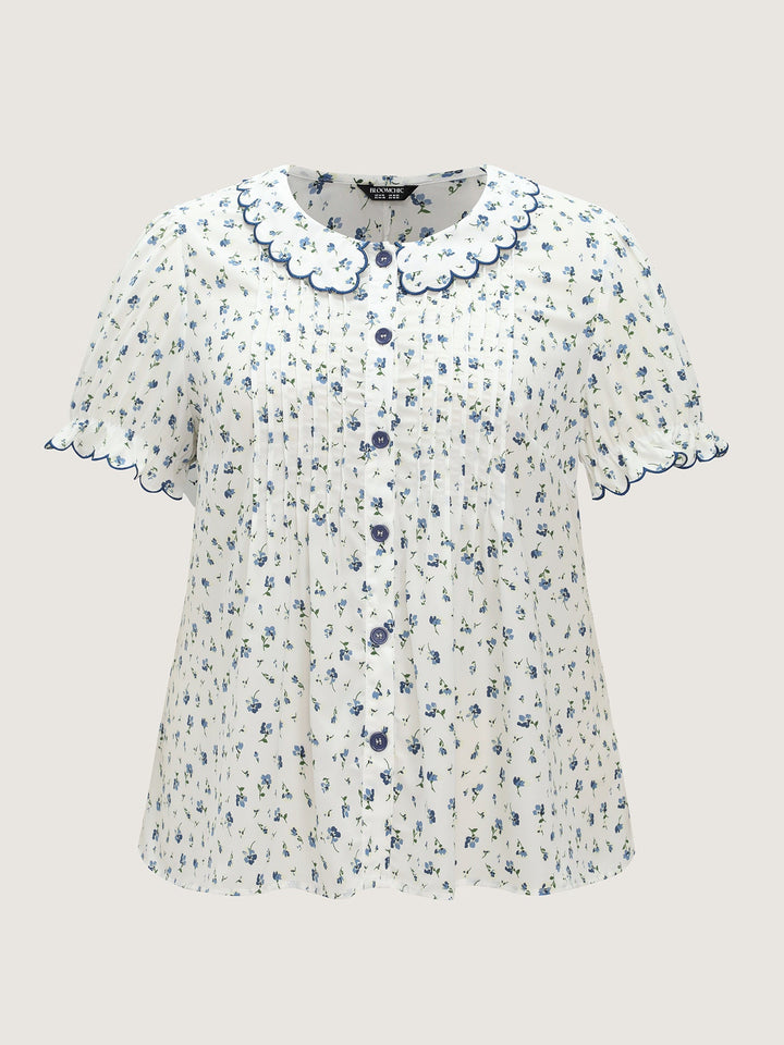 Floral Embroidery Pleated Button-Front Blouse